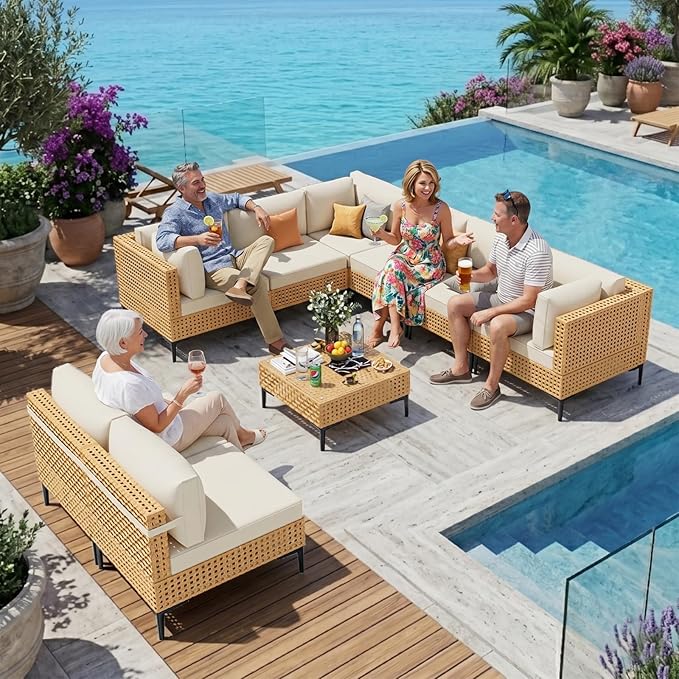 ABCASA 9-Piece Patio Sectional Furniture Set, 110" Wicker Outdoor Patio Furniture Sets with Anti-Slip Cushions & Coffee Table,Boho Patio Conversation Set Sectional for Backyard,Porch,Deck,Beige