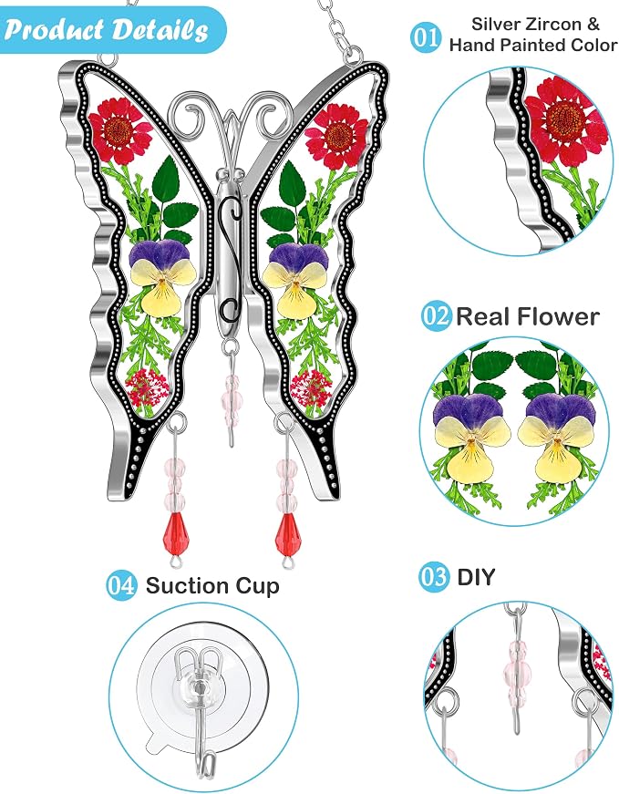 KY&BOSAM Pressed Flowers Butterfly Suncatcher Stained Glass Window Hanging | DIY Gift for Women Wind Chimes Ornament,Metal Frame & Dried Flowers in Glass,Mothers Day Gifts for Mom,Birthday,Christmas