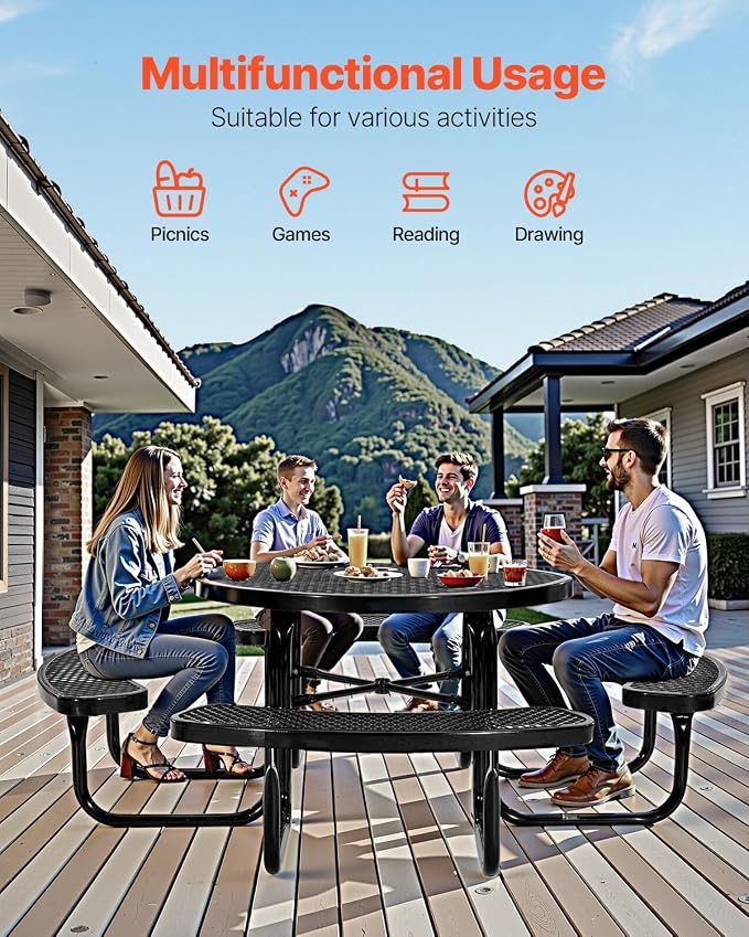VEVOR Heavy-Duty Picnic Table, Outdoor Furniture Weather Resistant Patio Dining Set, Coated Steel Tables with Umbrella Hole, 46" Round Table and Bench Set, for Garden, Backyard, Porch (Black)