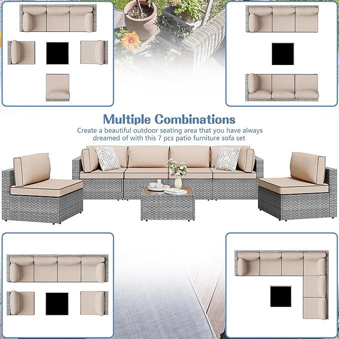 Shintenchi 7 Pieces Outdoor Patio Furniture Sets, Patio Sectional Sofa Couch, Gray PE Wicker Furniture Modular Patio Conversation Sets Patio Sofa with Washable Cushions, Gray/Khaki