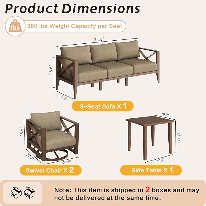 Oversized Aluminum Patio Furniture Set, 7-Piece Outdoor Conversation Set with Swivel Rocking Chairs & Coffee Table, Modern Weather-Resistant Seating for Deck,Yard,Balcony,Poolside-Brown