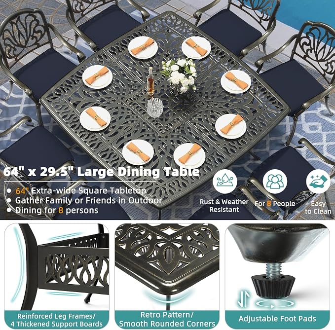 MEETWARM 9-Piece Outdoor Patio Dining Set for 8, All Weather Cast Aluminum Patio Funiture Table and Chairs Set- 64" Square Table and 2 Swivel Rocker Chairs, 6 Stationary, Umbrella Hole, Navy Blue