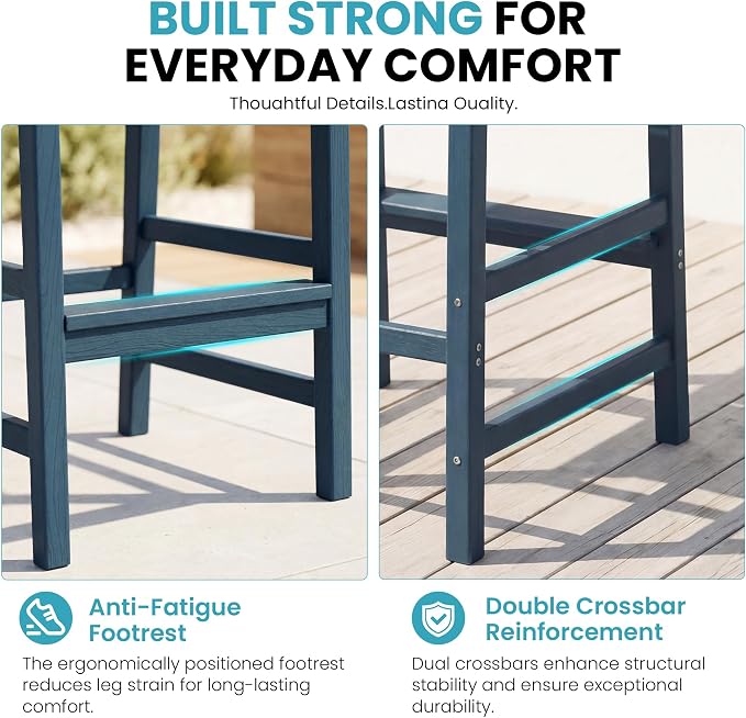 Outdoor Bar Table Set 3 Piece, HDPE Patio Bar Height Furniture Set with 2 Chairs, Small Space Patio Furniture, Weather Resistant Balcony Bistro Set for Garden, Deck, Porch, Deep Blue