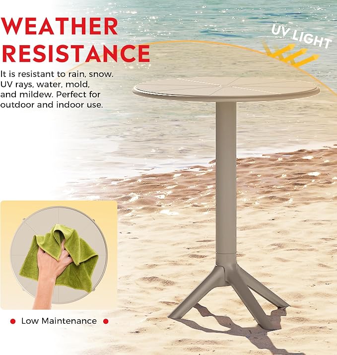 Costaelm Patio Table for 4-Person, Outdoor Patio PP Round Dining Table, All-Weather Bistro Dining Table for Backyard Deck Porch Poolside, Sand