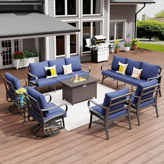 8 Piece Patio Furniture Set, All Weather Metal Outdoor Conversation Set with 50000 BTU Propane Fire Pit Table, 3 Seat Sofa, 2 Swivel Chairs and 5" Cushions for Garden, Porch, Lawn, Blue