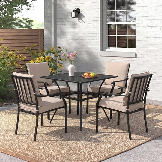 LVUYOYO 5-Piece Outdoor Patio Dining Set, Metal Stackable Chairs & Square Table Set, All-Weather Furniture for Backyard, Garden,Balcony,Porch (1 Square Table+ 4 Dining Chairs)