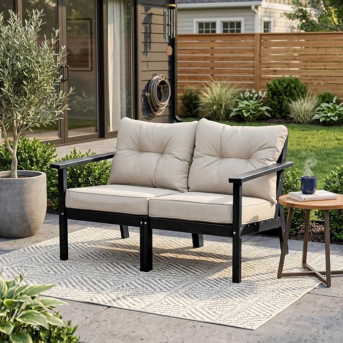2 Seat HDPE Patio Loveseat, Outdoor Conversation Bench, Patio Furniture | Water-Resistant Thick Cushion, HDPE All Weather, Wood-Grain, No Rot or Rust or Crack, UV Fade Shield, Easy-Clean for Outside