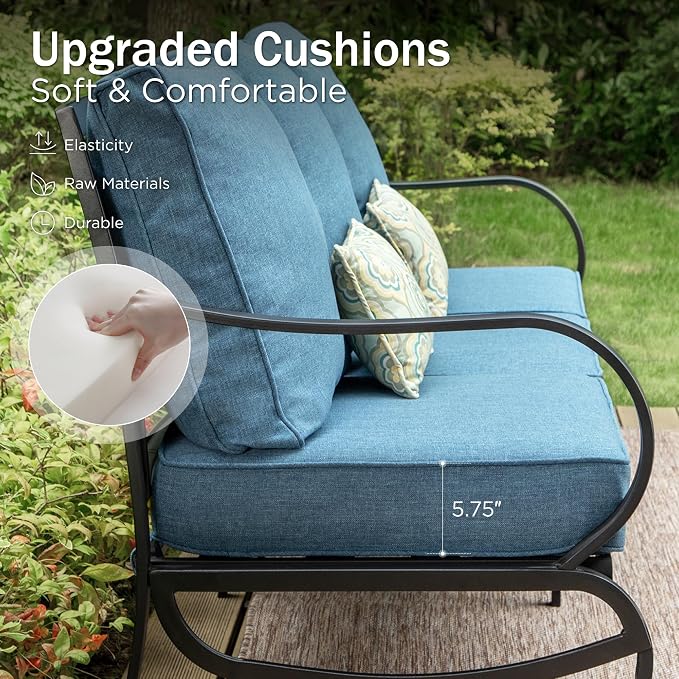 PHI VILLA Patio Furniture Set with FirePit Table, Outdoor Furniture with 1 x 3-Seat Deep Seating Bench, 2 x Swivel Sofa Chairs & 2 Ottomans, 5.75" Cushioned Outdoor Conversation Set for 5, Navy Blue