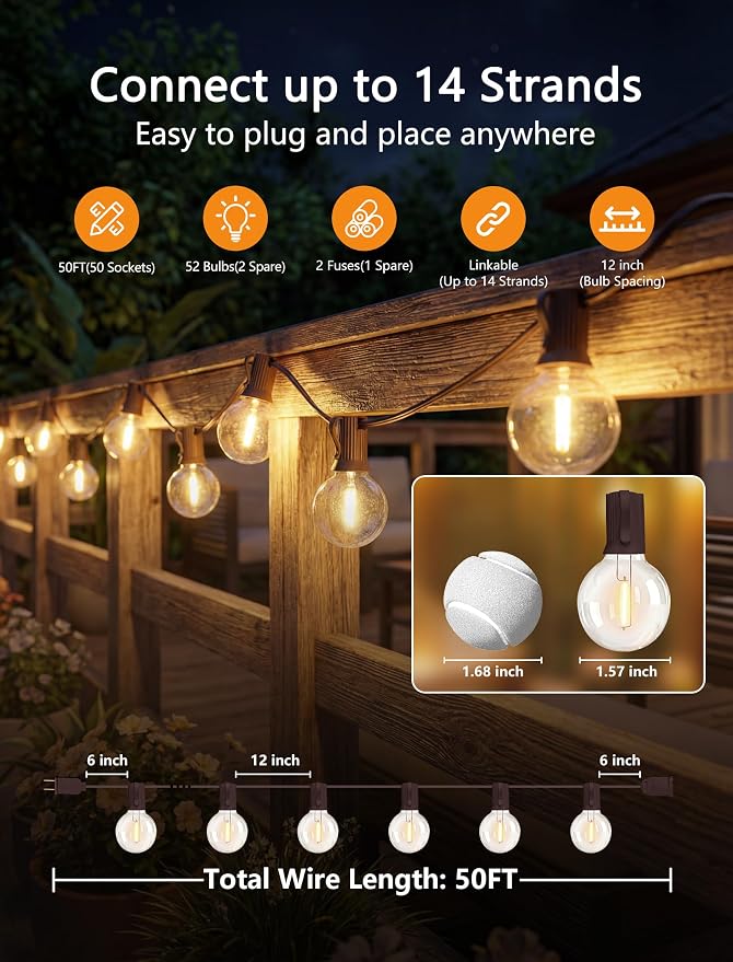 50FT Brown Outdoor String Lights, Shatterproof LED Globe Edison String Lights with 50 G40 LED Bulbs, Waterproof Connectable Hanging Light for Backyard Patio Porch Balcony Party Decor, E12 Base
