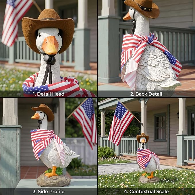 12" Real Farm Porch Goose Statue, Resin Yard Duck, Whimsical Outdoor Decor, Perfect for Garden, Patio, Backyard - Durable & Weather-Resistant, Accessorize with Cowboy Hat and Funny Scarf