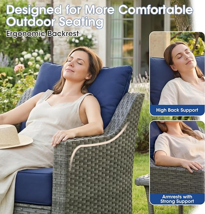 3 Piece Patio Furniture Set, Grey Wicker Outdoor Conversation Set with 2 Wicker Chairs and Side Table, 6-Inch Thick Cushions, High Back Seating, Blue Olefin Covers for Porch, Deck
