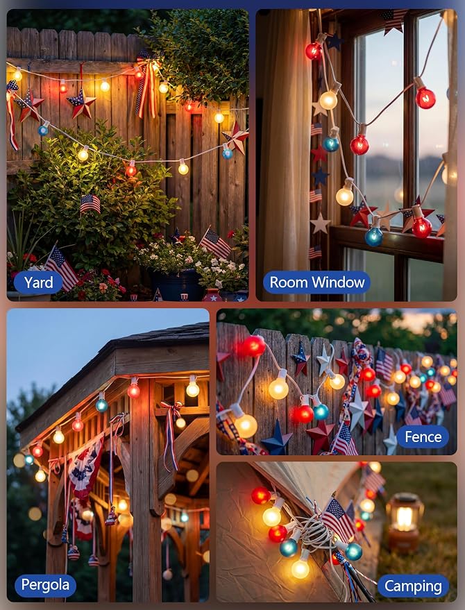 SUNSGNE 25FT G40 Red White and Blue String Lights Outdoor, Frosted Globe 4th of July Lights, Waterproof Connectable Patriotic Light for July 4th Independence Day, Memorial Day