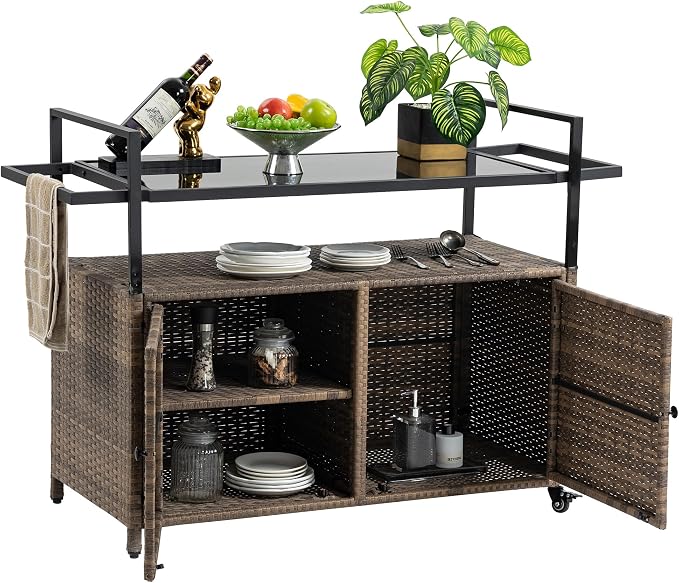 Outdoor Kitchen Island Wicker Rattan Bar Table, Glass Top Patio Serving Cart Rolling Bar Cart with 2-Tier Shelf & Cabinet for Patio Poolside Party (Light Brown)