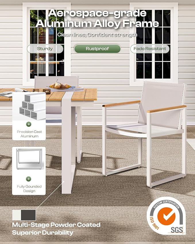 Outdoor Dining Table for 6, HDPS+ Aluminum Patio Dning Table with U-Shape Leg, Size: 67.4"*32.3"*29.6",Modern Rectangular Table for Lawn, Garden (White-Teak)