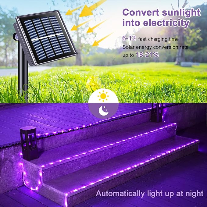 JMEXSUSS 200 LED Purple Solar Halloween Lights | 66 ft Rope Lights Outdoor Waterproof, PVC Tube Purple Christmas String Lights for Party Tree Fence Christmas