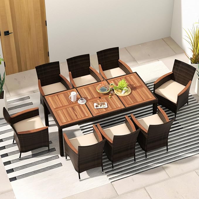 KOTEK 9 Piece Outdoor Dining Set, Wicker Patio Dining Set for 8 with Acacia Wood Table & Chairs, 1.96'' Umbrella Hole, Patio Table and Chairs Set for Backyard, Deck, Garden (Mix Brown)