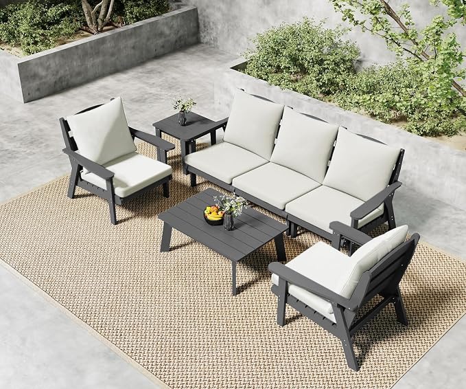 FOOWIN 7-Piece Patio Furniture Set, HDPE All-Weather Outdoor Conversation Set with Thick Cushions, Sectional Patio Sofa Furniture for Deck, Porch, Lawn, Garden, Grey Frame & White Cushion