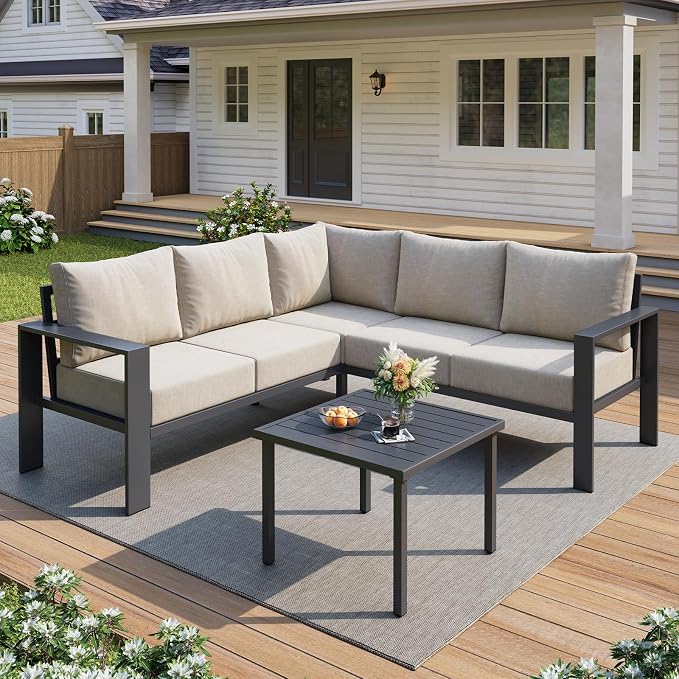 UDPATIO 6 Piece Patio Furniture Set, Metal Outdoor Sectional Sofa with 6" Thick Olefin Cushions, Wide Armrest & Coffee Table, L Shaped Outdoor Furniture for Garden, Backyard Beige