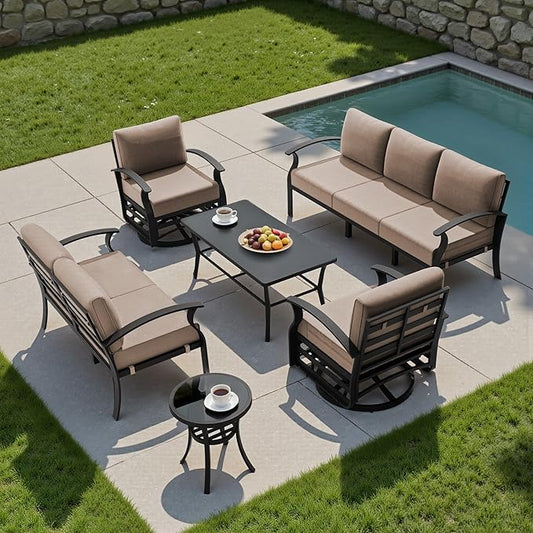 Kullavik Aluminum Patio Furniture Set,6 Piece Modern Metal Outdoor Patio Furniture w/5.1'' Thick Cushion,Swivel Chairs and Rectangular Coffee Table,Patio Conversation Sets for Porch,Deck,Sand