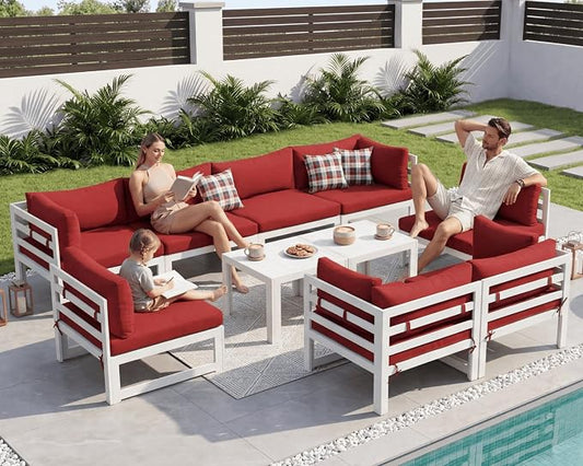 NICESOUL 10 Piece Modern Aluminum Patio Furniture Set, 500 lbs Heavy Duty Durable Outdoor Sectional Sofa, 29" Deep Wide Oversized Seating, L Shaped Comfortable Conversation Couch for Outside Deck, Red