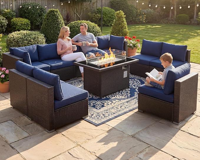 NICESOUL Modern Outdoor Patio Sectional Sofa Set with Firepit Natural Gas/Propane, 29.3'' High Back Wicker Conversation Set, 10 Seats Large Deep Seating Furniture, Brown Rattan and Navy Blue Cushion