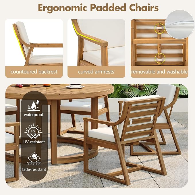 RUNNA Patio Dining Table Set for 6,Round Dining Table with 1.96" Umbrella Hole, Outdoor Wooden Patio Furniture Set with Removable Cushions for Garden,Backyard and Pools (Light Teak#27)