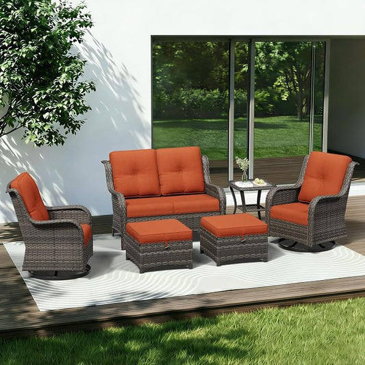 6 Piece Outdoor Wicker Patio Furniture Set, Outdoor Swivel Rocker Patio Chairs Set with Thickened Olefin Cushions, High Back and Deep Seating, Hand-Woven PE Rattan for Porch, Deck