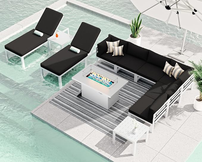 RADIATA 8 Seat Large Aluminum Patio Conversation Set with Lounge & Fire Pit Table, 29" Deep Wide Seat, High End Modular Sectional Seating, 500 lbs Heavy Duty Anti-Rust Outdoor Sofa for Poolside, Black