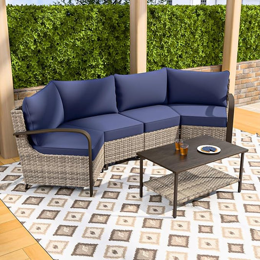 COOS BAY Aurora Terrace 4 Piece Outdoor Sectional Furniture Set, Half Moon Rattan Wicker Conversation Set with 4 Seat Sofa & Coffee Table for Patio Garden Yard, Beige/Blue