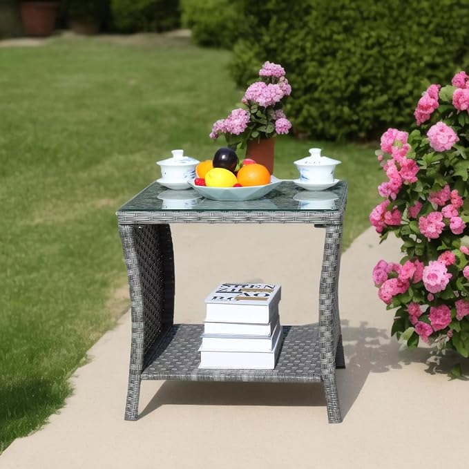 Outdoor Wicker Side Table, 19.25" Patio End Table with Storage & Tempered Glass Top, PE Rattan Coffee Table for Backyard Balcony Garden Lawn, 120 lbs Capacity, Grey