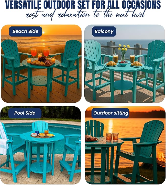 Phat Tommy Round Bar Height Patio Table - Outdoor Bar Table - Balcony Height Patio Furniture for Your Deck - Poly Outdoor Furniture, Teal