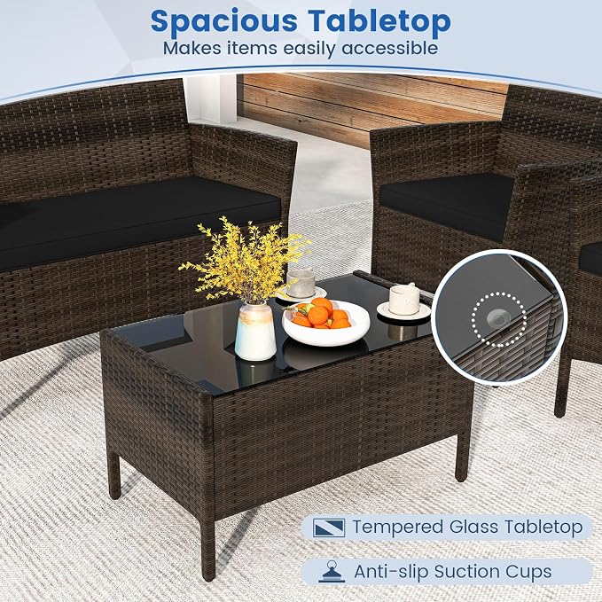 HAPPYGRILL 8 Pieces Outdoor Rattan Conversation Set, Patio Wicker Furniture Set with Loveseat Chairs & Tempered Glass Coffee Table, Outside Sectional Sofa Set for Backyard Garden & Poolside