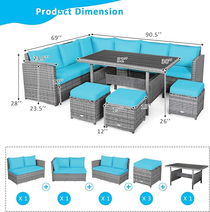 Tangkula 7 Pieces Patio Furniture Set, Outdoor Sectional Rattan Sofa Set with Cushions, All Weather Wicker Conversation Couch Set w/Dining Table & Ottomans for Backyard Garden Poolside (Turquoise)