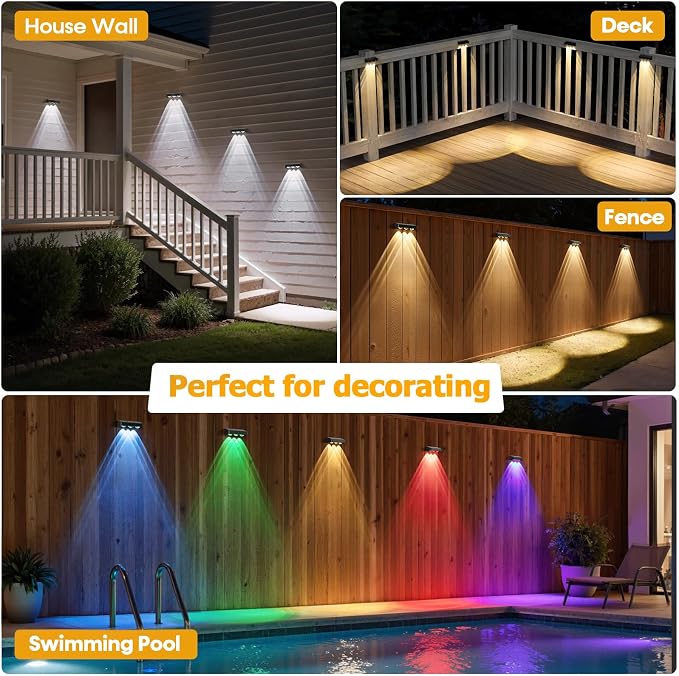 Solar Fence Lights,16 Pack Solars Deck Light,RGB Color,Outdoor Bulb Waterproof Led IP65,Outdoor Fence Light,Power Patio Lamp with Lenses for Outside/Backyard/Railing/Yard(Black)