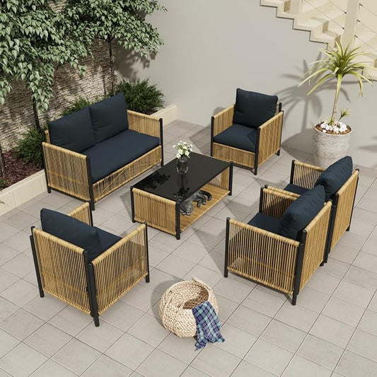 6 Pieces Aluminum Outdoor Patio Furniture Set - 4 Pcs Armchair, Loveseat & Dual-Layer Coffee Table - Rope Sectional Conversation Sofa Sets with Washable Thick Cushion for Garden Backyard Porch