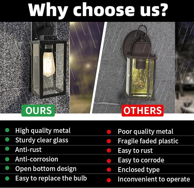 2 Pack Outdoor Sconce Lights-12 Inch Outdoor Wall Light,Exterior Sconce Steel and Glass Porch Light, Black Wall Lantern for Front Porch Garage Balcony