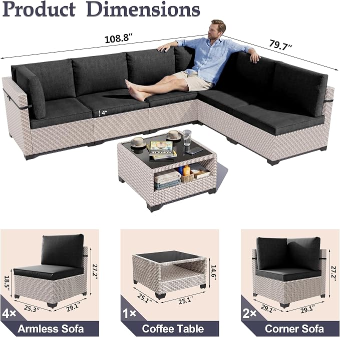 Patio Furniture Set, 7-Piece Outdoor Sectional Sofa with 2-Layer Glass Coffee Table, Wicker Patio Conversation Set with Black Cushions for Backyard, Poolside, Porch