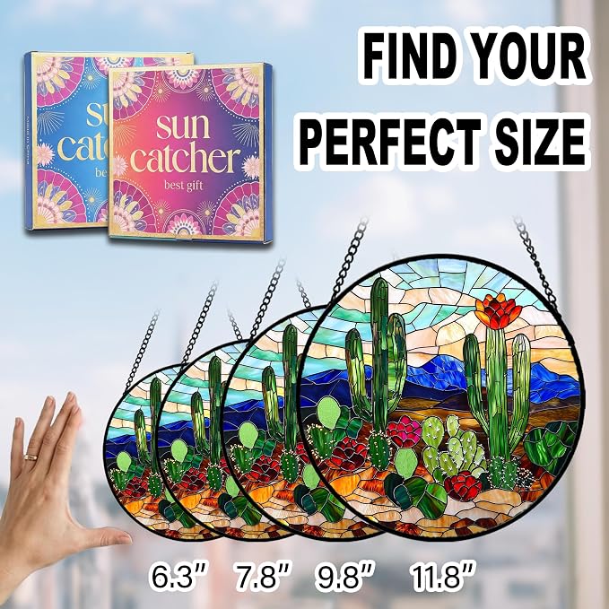 Birthday Gifts for Women - Cactus Flower Fairy Faux Stained Glass Window Hanging Sun Catcher for Door Garden Acrylic Home Decor Mother's Day for Mom Nana Friend Grandma Wife 6.3"