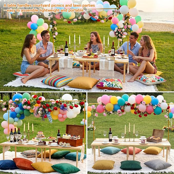 Upgraded Extra Large Low Wooden Folding Picnic Table with 8-Legs, Thick Varnished Tabletop, 80"×30" Portable Boho Beach Table with Table Runner for Yard, Camping, Outdoor Party (Vertical Stripe)