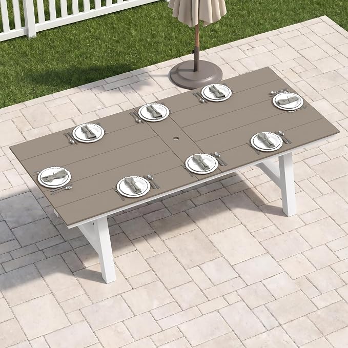 Costaelm Rectangle Patio Table, 8-Person Backyard Table 90" HDPE Dining Table with Umbrella Hole and Metal Frame for Outside, Garden, Poolside, Deck, Porch, Balcony, Weathered Wood