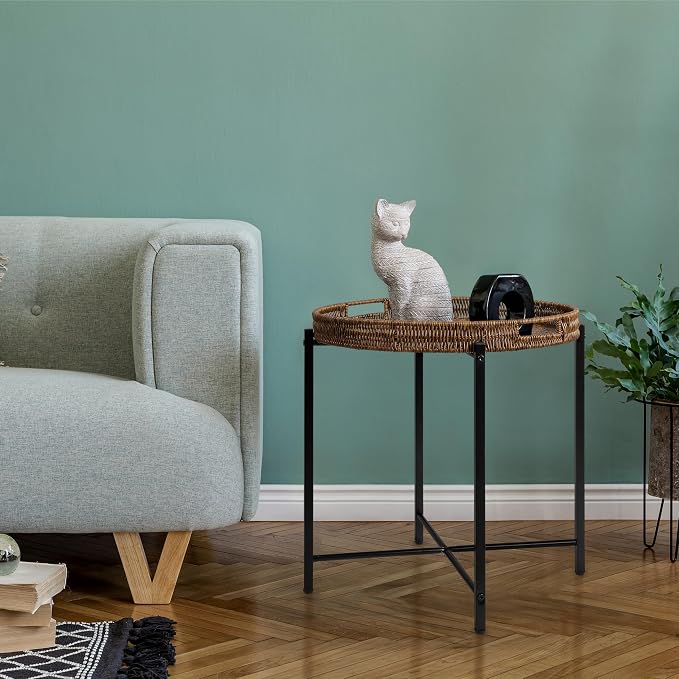 DINGTAI Brown Small Round End Table, 19in Rattan End Tables, Wicker Rattan Side Table, Round Sofa Side Table, Indoor Outdoor Side Tables for Patio, Living Room Bedroom Office