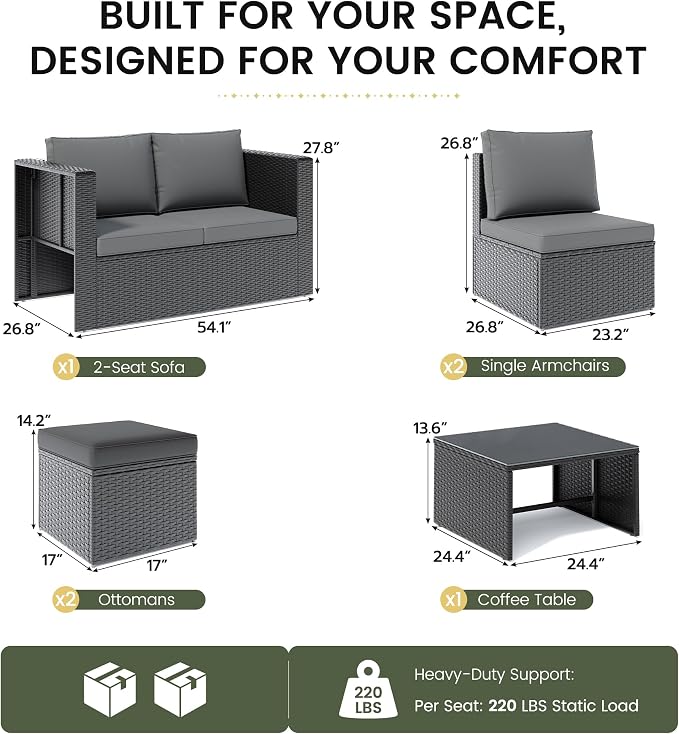 Amopatio Patio Furniture Set,All-Weather Wicker Outdoor Conversation Sofa Set with Glass Coffee Table, Cushions & Ottomans for Deck Backyard Porch Lawn Black/Dark Grey