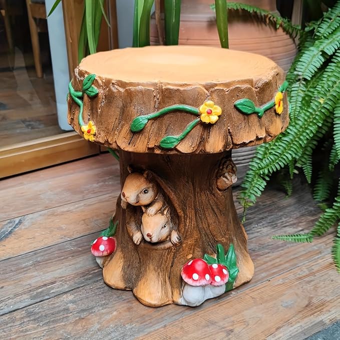 12.6" Resin Squirrel Garden Chair, Indoor & Outdoor Accent Stool, Natural | Round Tree Stump Design w/ Squirrel Details, Weather-Resistant for Patio, Backyard, Terrace & Home Decor
