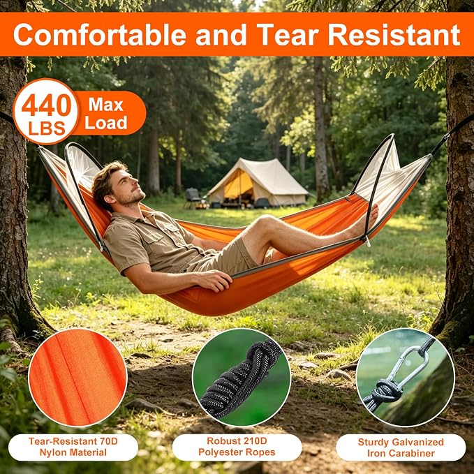 Camping Hammock with Mosquito Net, 3 in 1 Portable Hammock Tent 440lbs Capacity Attached Storage Pocket Single Nylon Hammock Set for Outdoor Travel Camping Hiking Backpacking (Orange Grey)