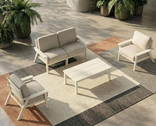 HDPE 5 piece Patio Furniture Set, Outdoor Sectional Furniture with Beige Washable Thick Cushions & Coffee Table, Patio Conversation Sets for Garden, Porch, Balcony, Deck (White Frame)