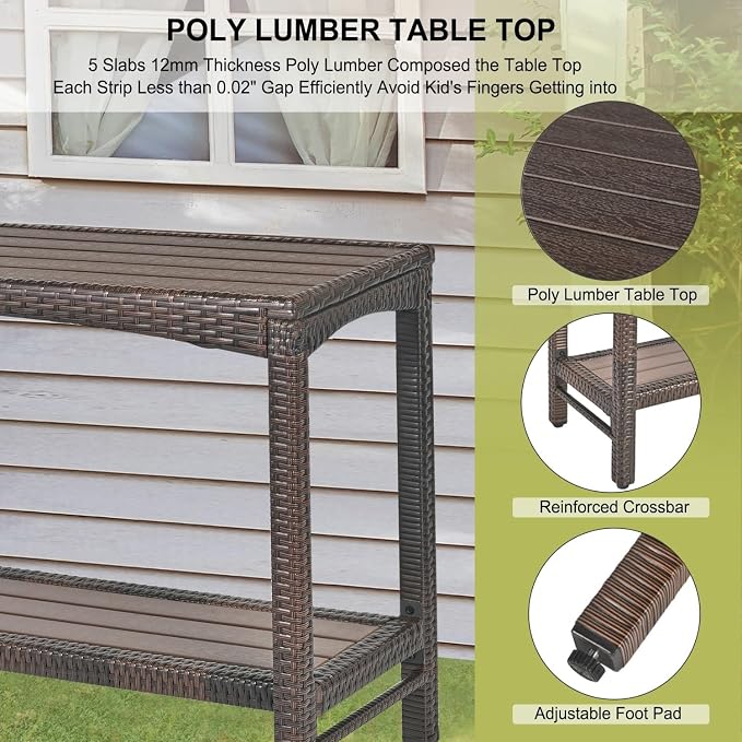 Outdoor Console Table Patio Buffet Bar Storage Organizer 55" Long Wicker Sofa Serving Sideboard Table 2-Shelf Outdoor Narrow Bar Table Tall Rectangle with Adjustable Feet for Entryway Brown