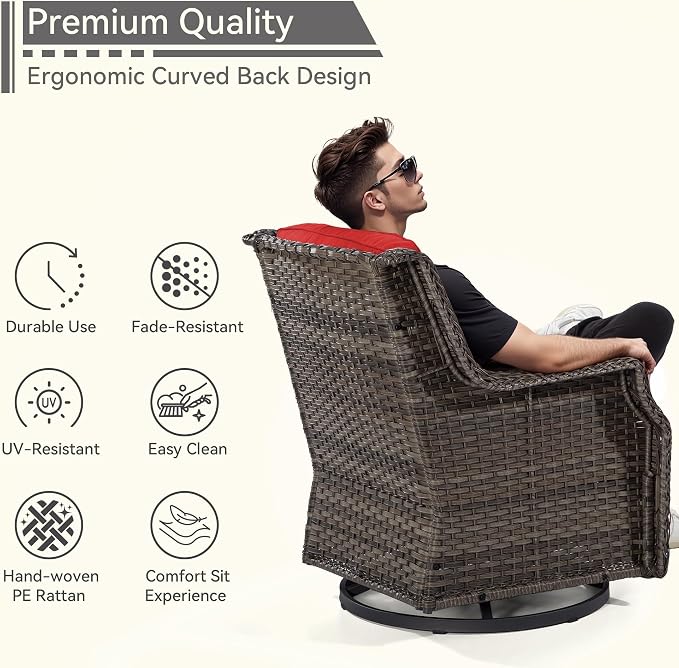 3 Piece Patio Furniture Set, 2-Seater Loveseat and 2 Swivel Glider Chairs Outdoors, Rattan Conversation Set with Deep Seating and Olefin Cushions, for Backyard, Garden, Red