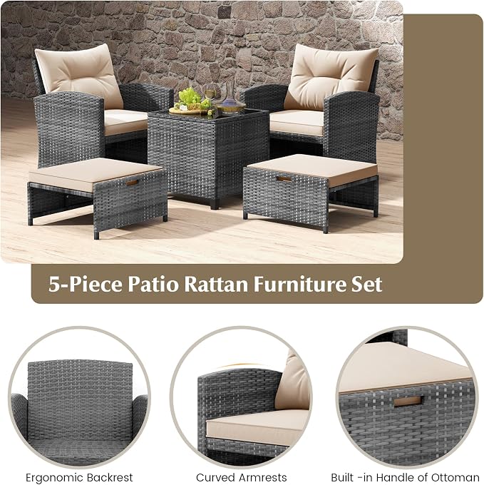 HAPPYGRILL 5-Piece Outdoor PE Rattan Conversation Set, Wicker Patio Furniture Set with Cushion, Ottoman & Coffee Table for Backyard Garden Poolside Lawn Deck Porch (Mix Grey & Beige)