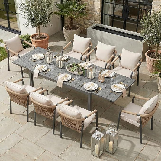 SUNSITT 9 Piece Outdoor Patio Dining Set, 63" - 105" Aluminum Expandable Outdoor Dining Table and 8 Woven Wicker Patio Chairs w/Curved Backrest for Garden, Dark Grey