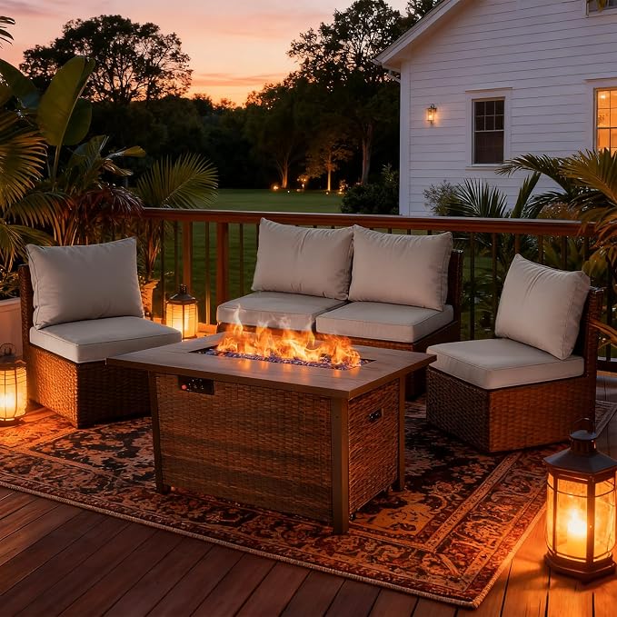 5 Pieces Patio Furniture Set with 42" Fire Pit Table, Outdoor Patio Sectional Sofa, Wicker Rattan Conversation Set, Grey